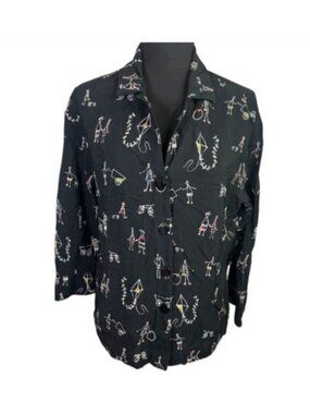 Vintage 90s First Option Black Stick Figure Button Up Top Sz M Teacher Art